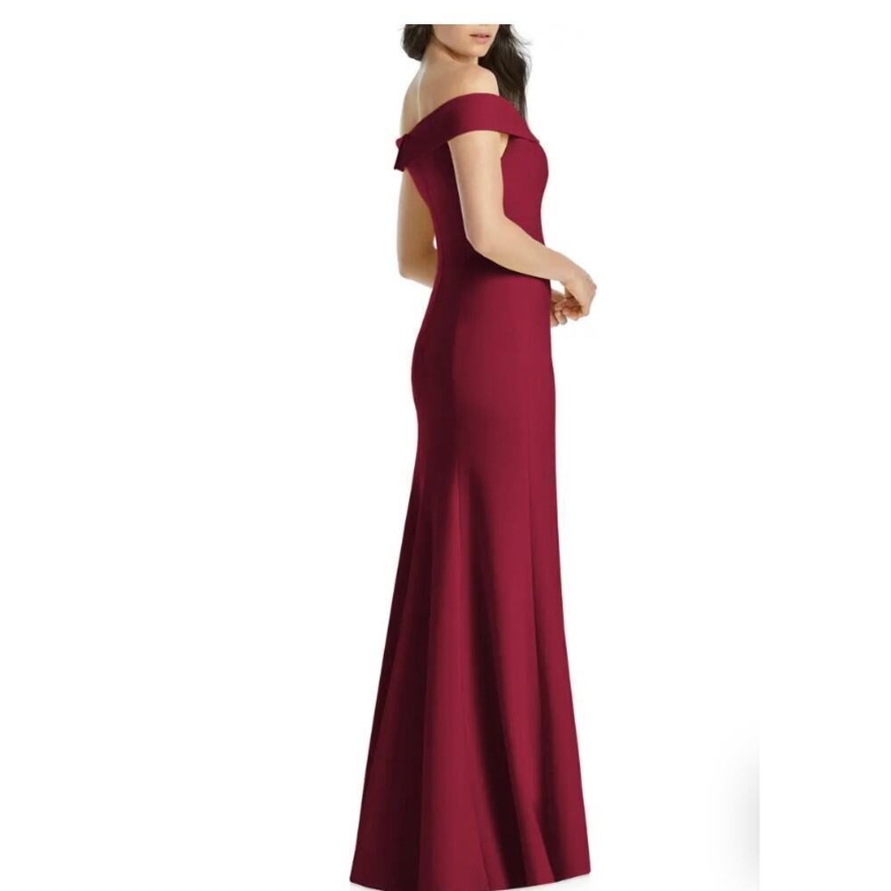 Dessy Collection Vivian Diamond Notched Off the Shoulder Crepe Gown size 10 - Picture 2 of 6